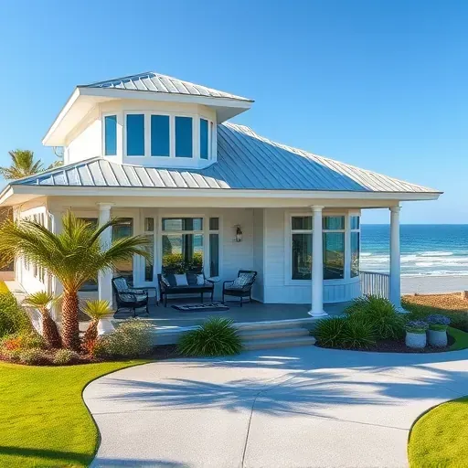 Whole-home remodeling in Hypoluxo Island, FL, featuring a pastel coastal home with bay windows and lush landscaping.