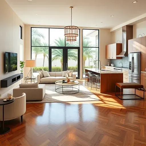 Luxurious living room and kitchen blend in a remodeled Boynton Beach home, featuring elegant decor and natural light.