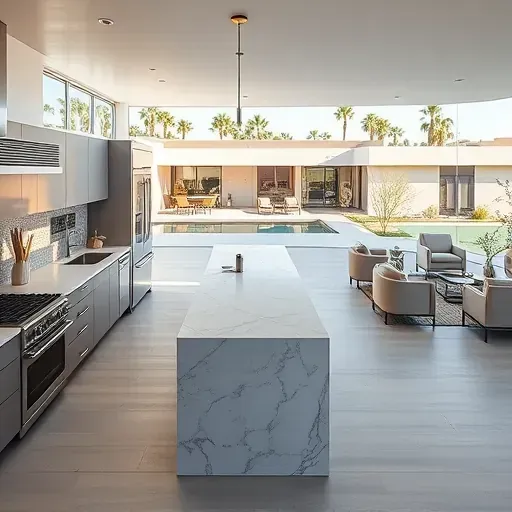 Modern kitchen in Palm Springs remodel, showcasing sleek appliances, marble island, and open living area with elegant decor.