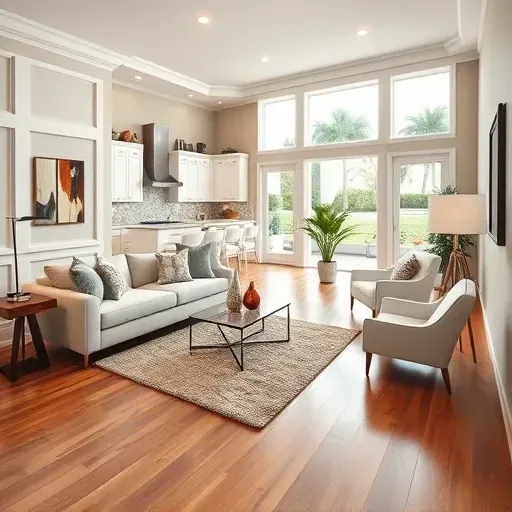 Spacious modern living room in Hobe Sound, FL, featuring hardwood floors, upscale furnishings, and stylish decor.