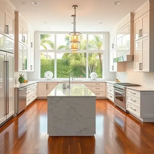 Stunning remodeled kitchen in Palm Beach Gardens with sleek cabinetry, marble countertops, and bright garden views.