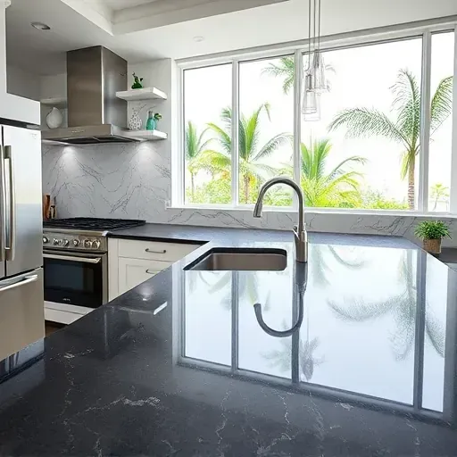 Fully completed modern kitchen in Jupiter, FL featuring a polished marble backsplash with white, gray, and blue veining, and dark granite countertops.