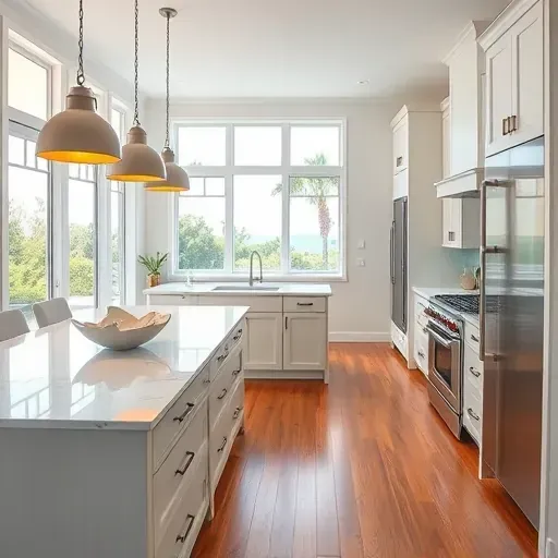 Remodeled Juno Beach kitchen with quartz counters, stainless steel appliances, marble island, coastal accents, and natural light.