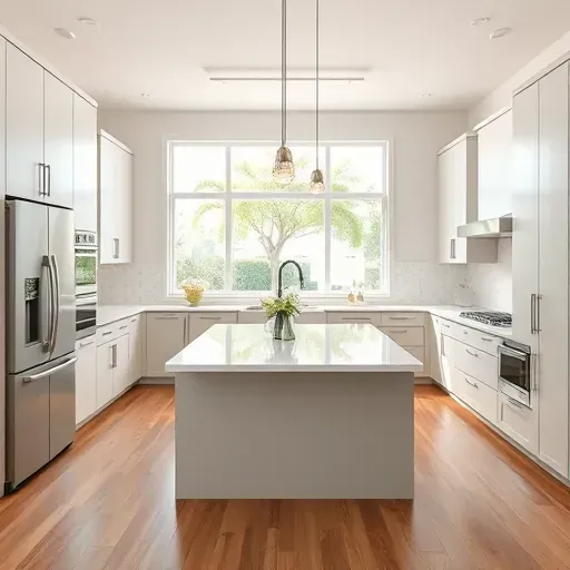 Modern Abacoa, FL kitchen with sleek matte cabinets, stainless appliances, quartz island, pendant lights, and lush outdoor views.