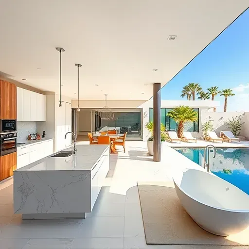 Modern open-concept living space in Palm Springs, featuring high ceilings, sleek design, and inviting outdoor patio.