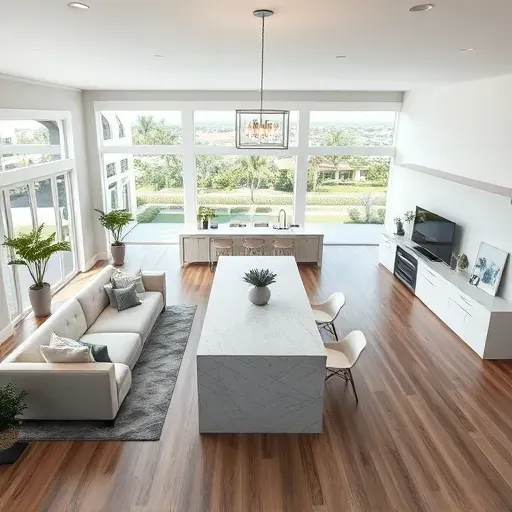 Elegant living room in Frenchmans Creek, FL, featuring polished hardwood floors, panoramic windows, and modern decor.