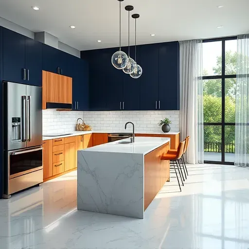 Beautiful modern kitchen in Frenchmans Reserve, FL with navy blue and wood cabinets, marble countertops, stainless appliances, and natural light.