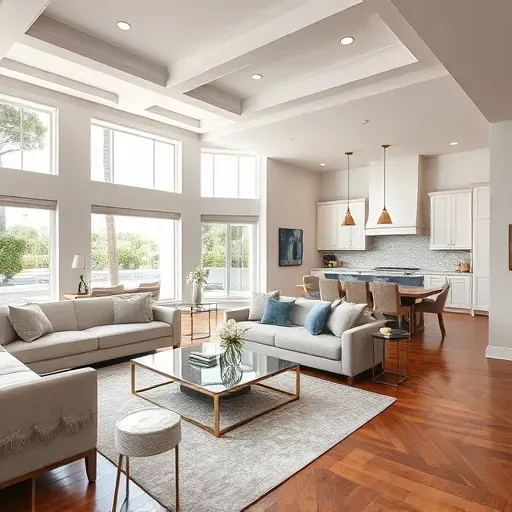 Spacious living room in Royal Palm Beach, FL features elegant furnishings, natural light, and a modern kitchen backdrop.