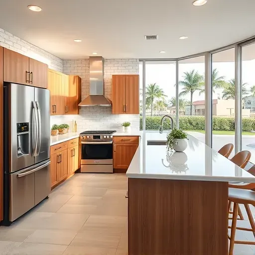 Renovated kitchen in Boynton Beach, FL, with quartz countertops, stainless steel appliances, and custom wood cabinetry.
