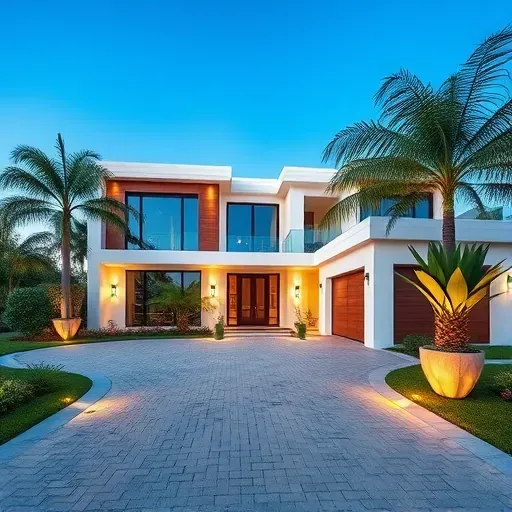 Elegant modern home in Palm Beach Country Estates, featuring white stucco, wood accents, lush gardens, and cobblestone driveway.
