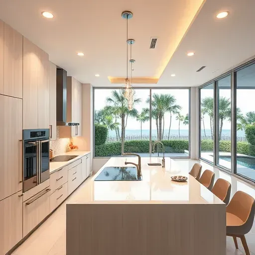 Modern Jupiter, FL kitchen with sleek cabinetry, quartz countertops, recessed and pendant lighting, showcasing high-end finishes.