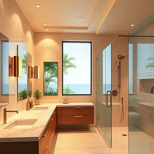 Elegant Florida bathroom with modern fixtures, marble surfaces, ambient LED lighting, and lush greenery outside.