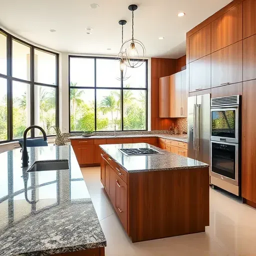 Fresh Jupiter, FL kitchen remodel featuring modern design, granite countertops, matte black fixtures, custom wood cabinetry, and panoramic windows.