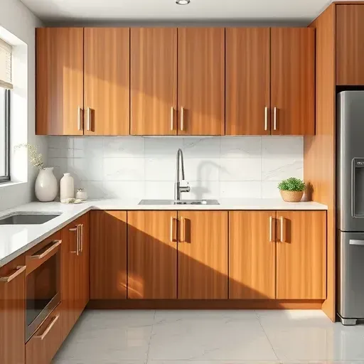 Refinished modern kitchen cabinets with glossy surfaces, sleek hardware, rich wood tone, and elegant contemporary surroundings.