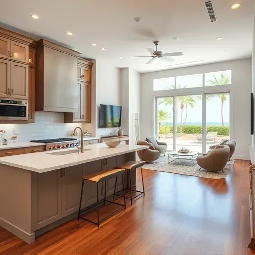 Whole-home remodeling in Delray Beach, FL, featuring a modern kitchen and elegant living area with natural light and refined decor.
