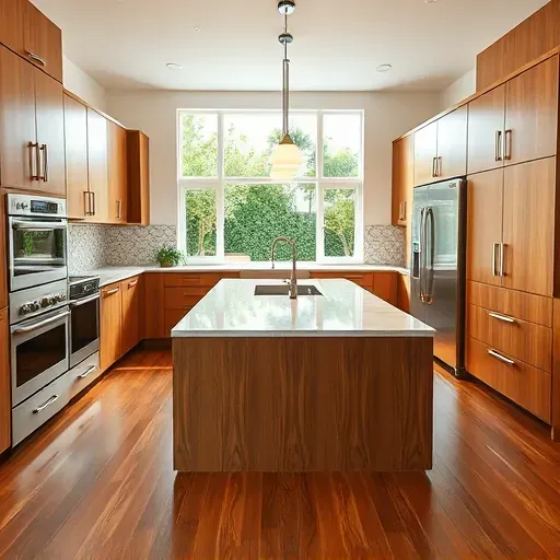 Modern kitchen remodel in Tequesta, FL, features wood cabinetry, marble island, and natural light, showcasing elegance.