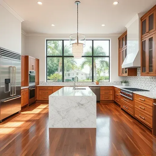 Beautiful modern kitchen in Frenchmans Creek, FL with marble countertops, custom wood cabinets, stainless steel appliances, and tropical views.