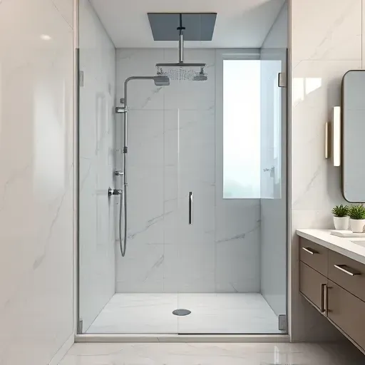 Modern luxury bathroom with a sleek glass shower, marble tiles, chrome fixtures, and natural light in Jupiter, FL.