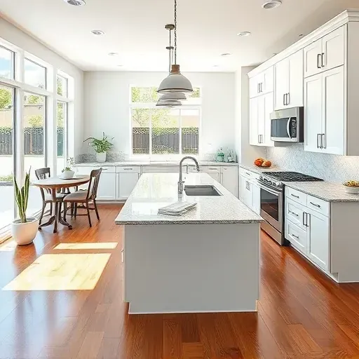 Newly remodeled Jupiter, FL kitchen features sleek white cabinetry, granite island, and stainless steel appliances, with bright decor.