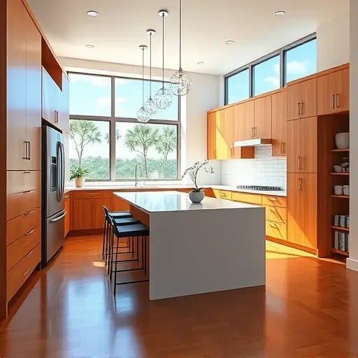 Beautifully renovated kitchen in Jupiter, FL, featuring modern cabinetry, quartz island, pendant lights, and lush views.