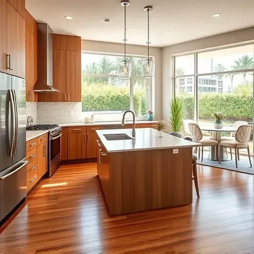 Modern Hobe Sound kitchen with quartz countertops, stainless appliances, warm cabinetry, and tropical views through large windows.