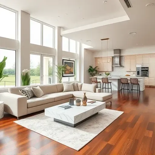 Whole-home remodeling in Delray Beach, FL, featuring an elegant living room with modern decor and an open-plan kitchen.