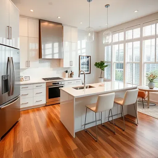 Bright, modern kitchen in Lake Worth, FL with high-gloss cabinets, quartz countertops, stainless steel appliances, hardwood flooring, and natural light.
