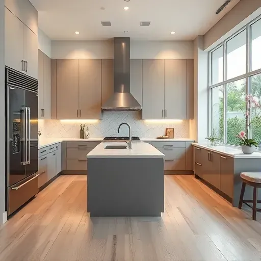 Modern kitchen remodel in Jupiter, FL, featuring sleek cabinetry, quartz island, and natural light from large windows.