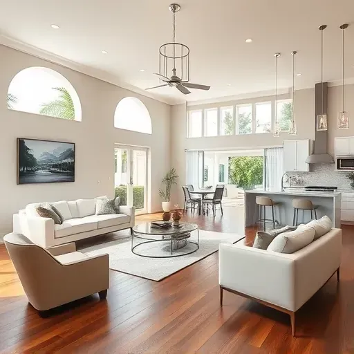 Elegant living room with modern design, polished floors, and a sleek kitchen, all reflecting luxury in Palm Beach Shores.