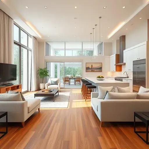 Spacious open-concept living area in Atlantis, FL, featuring elegant design, hardwood floors, and a modern kitchen.