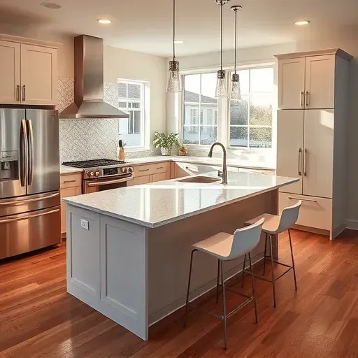 Remodeled Greenacres, FL kitchen with sleek matte cabinets, stainless steel appliances, granite island, and natural sunlight.