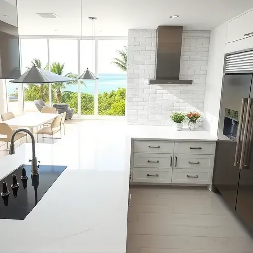 Recently completed modern kitchen backsplash in Jupiter, Florida with glossy white and gray ceramic tiles, oceanview, and sleek design.