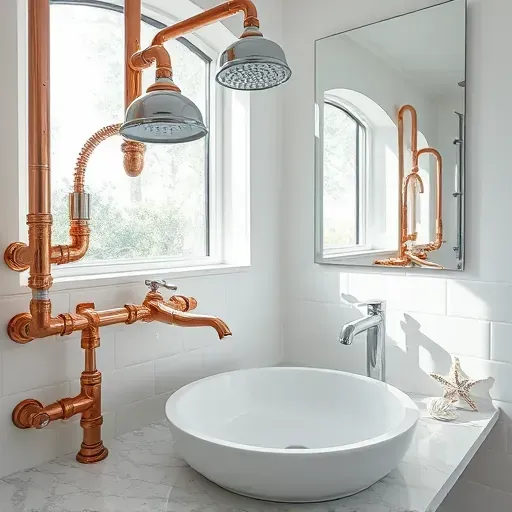 Bright Florida bathroom with polished copper pipes, modern fixtures, white tiles, granite countertops, and coastal accents.