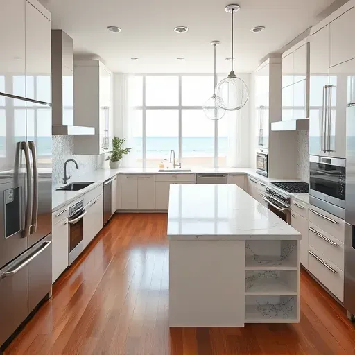 Modern kitchen remodel in Highland Beach, FL, featuring sleek cabinetry, marble island, and ocean view, exuding elegance.