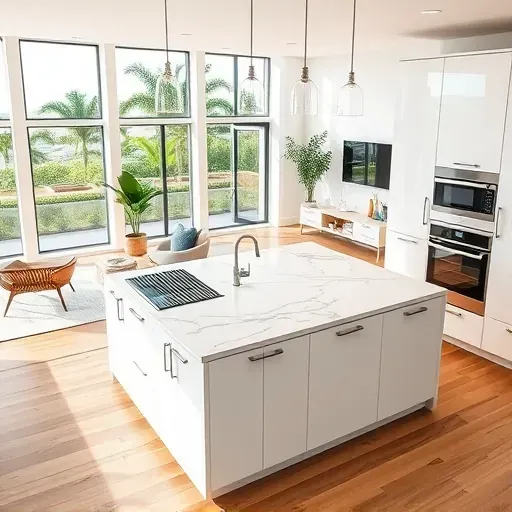 Remodeled Palm Beach Gardens kitchen with modern white cabinetry, marble countertops, stainless steel accents, and tropical views.