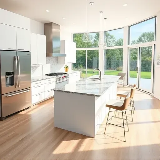 Modern kitchen in West Palm Beach with white cabinets, stainless appliances, granite island, and large windows.