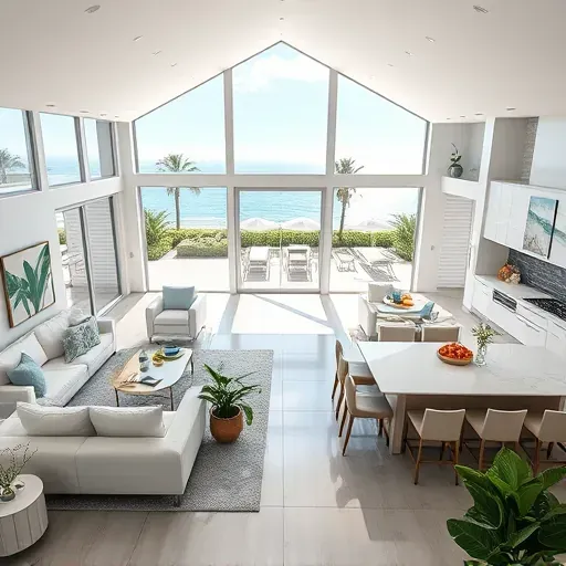 Modern coastal whole-home remodel in Riviera Beach, FL, featuring open living space, sleek furniture, and ocean views.