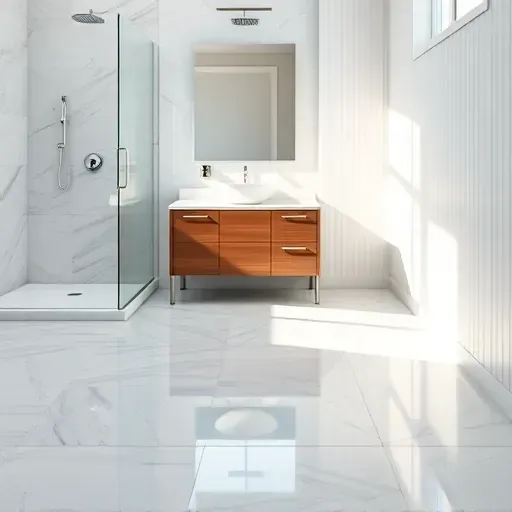Luxurious Jupiter bathroom with patterned ceramic tiles, polished marble, glass shower, wooden vanity, and bright natural light.