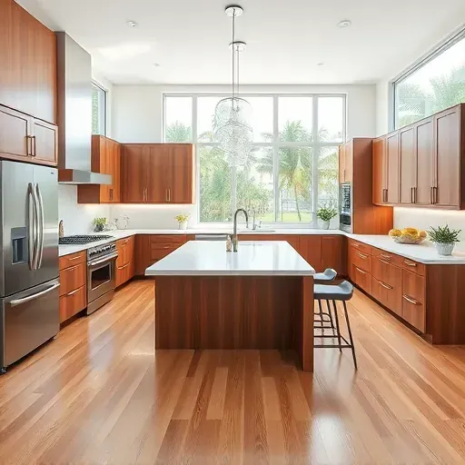Remodeled Hobe Sound kitchen with white quartz countertops, stainless steel appliances, wooden cabinetry, and spacious island.
