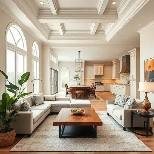 Spacious living room in Old Palm, FL, featuring modern design, high ceilings, gourmet kitchen, and elegant furnishings.