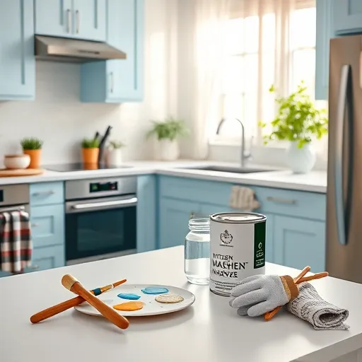 A highly detailed, realistic scene of a modern kitchen featuring freshly painted, sleek cabinet doors in soft pastel blue and crisp white. The well-lit workspace displays wooden paintbrushes, a small paint palette with color swatches, and a clean can of high-quality paint labeled “Step-by-step Kitchen Cabinet Makeover.” Tiny paint rollers and a glass jar filled with water sit nearby, reflecting the vibrant, inviting atmosphere. Stylish ergonomic gloves and a paint-splattered cloth suggest ongoing DIY activity. In the background, shiny stainless-steel appliances and a lush green potted herb garden on the windowsill add warmth and freshness to the scene. Sunlight streams through sheer curtains, casting natural light across the setup. Whimsical details, like a miniature cabinet model with arrows indicating different sections, subtly illustrate the step-by-step process, adding personality and humor. The overall mood is calm, professional, and motivating, inspiring confidence in a DIY kitchen cabinet painting project. The realism style vividly captures textures—from smooth, freshly painted surfaces to the grain of wooden tools—using a balanced palette of soft blues, natural wood tones, and warm sunlight, evoking freshness, clarity, and creative inspiration for a how-to blog cover.