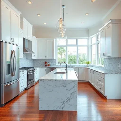 Modern Jupiter kitchen remodel with sleek granite, custom cabinetry, and elegant marble island in a bright, inviting space.