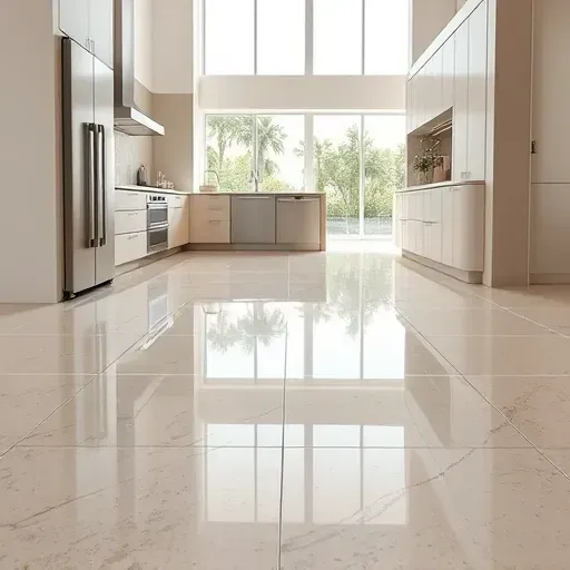 Newly installed Jupiter, FL kitchen flooring with polished neutral-toned tiles, natural textures, and coastal decor accents.