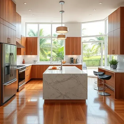 Remodeled Boynton Beach kitchen with stainless appliances, marble counters, hardwood floors, and tropical backyard view.