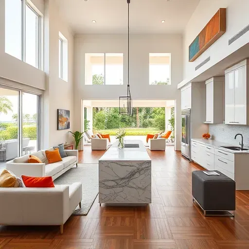 Luxurious modern living space in Jupiter Island, FL, featuring high ceilings, elegant furnishings, and serene outdoor views.