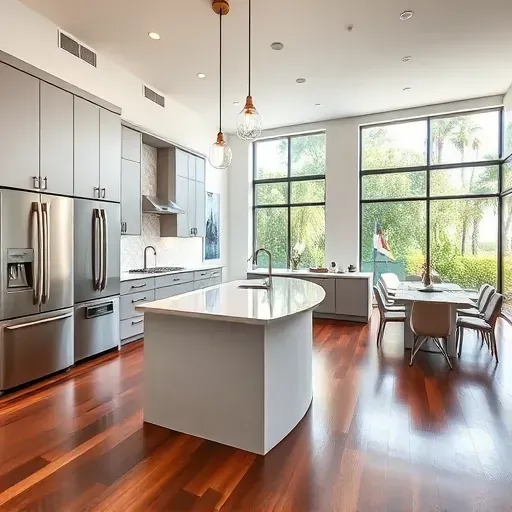 Newly remodeled Abacoa, FL kitchen with modern matte cabinetry, stainless steel appliances, marble island, hardwood floors, and natural light.
