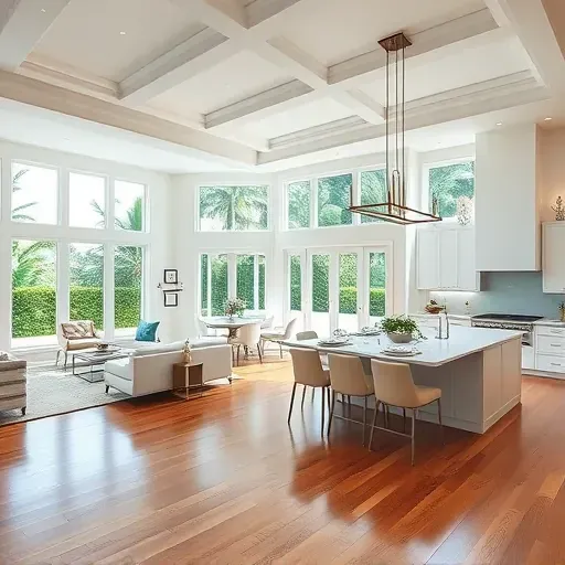 Modern open-concept living space in North Palm Beach with high ceilings, gourmet kitchen, and coastal decor.