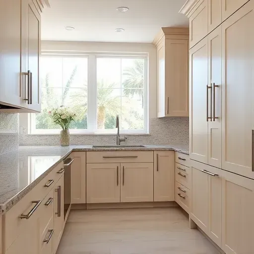 Refurbished modern kitchen cabinets in Jupiter, FL with polished granite counters, stylish backsplash, and natural light.