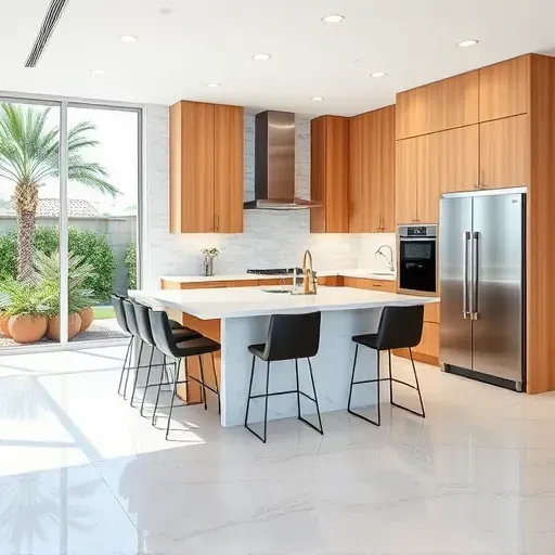 Modern remodeled South Palm Beach kitchen with quartz countertops, wood cabinets, stainless appliances, and tropical backyard.