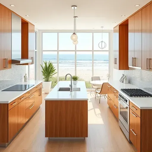 Renovated Ocean Ridge kitchen with modern wood cabinets, white quartz countertops, ocean views, natural light, and coastal decor.